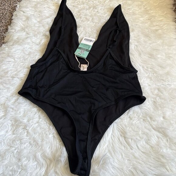 NWT Shekini Black Ribbed Deep U-Neck Thong Back One Piece Swimsuit L - Picture 4 of 10